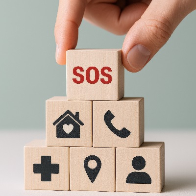 A person places a small wooden block onto a stack of similar blocks, each with images related to emergencies, such as a phone handset, a medical cross and "SOS"
