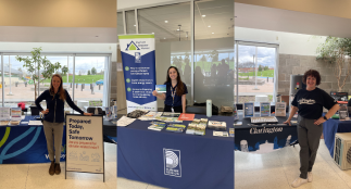 A series of three images with adults standing around a booth with information.