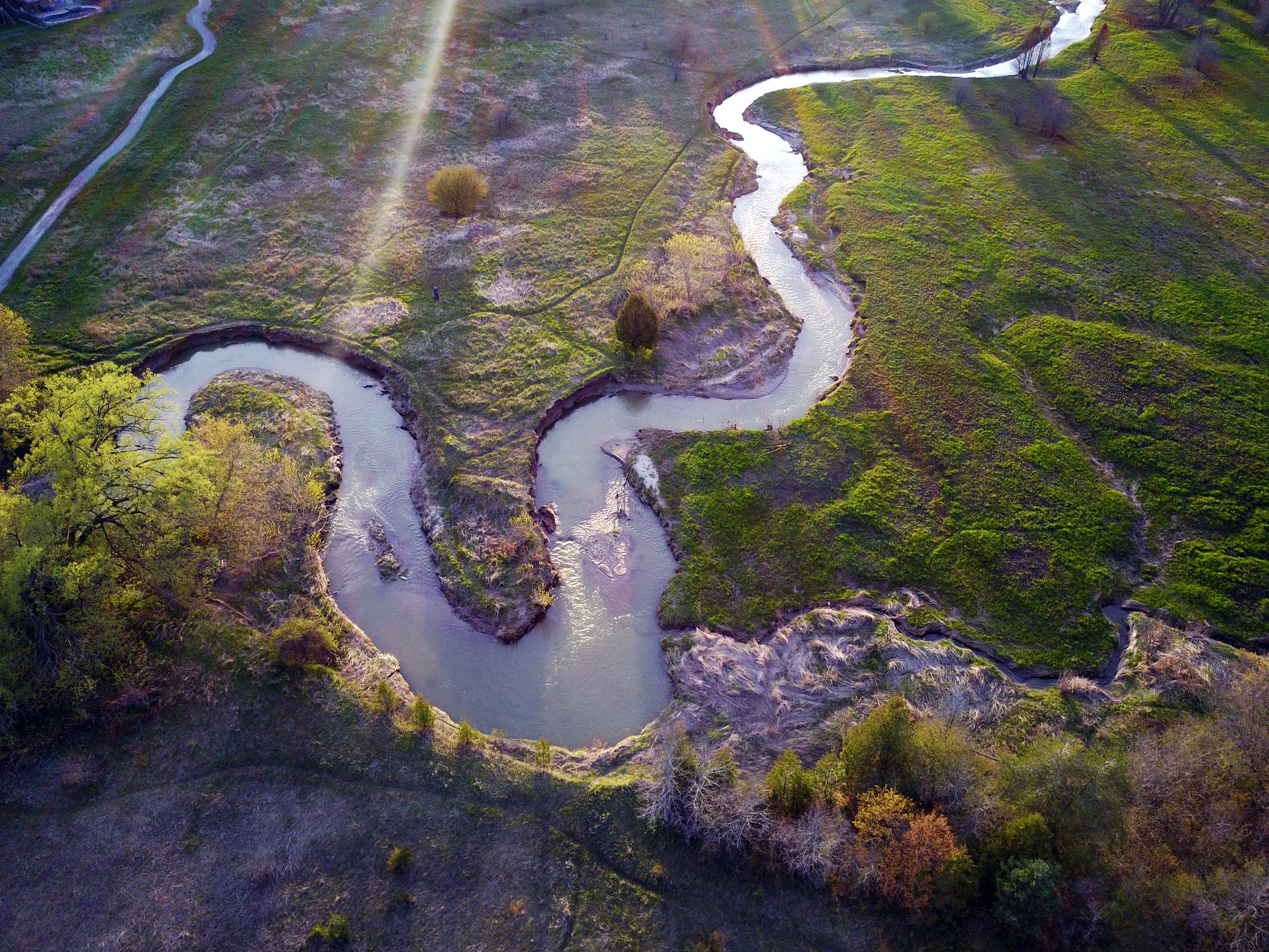 An aerial picture of a creek