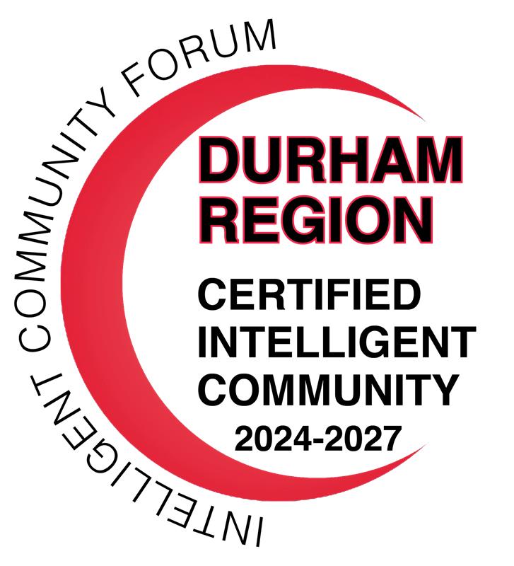 Intelligent Community Forum certification badge with red graphics and text that reads Durham Region certified intelligent community 2024-2027