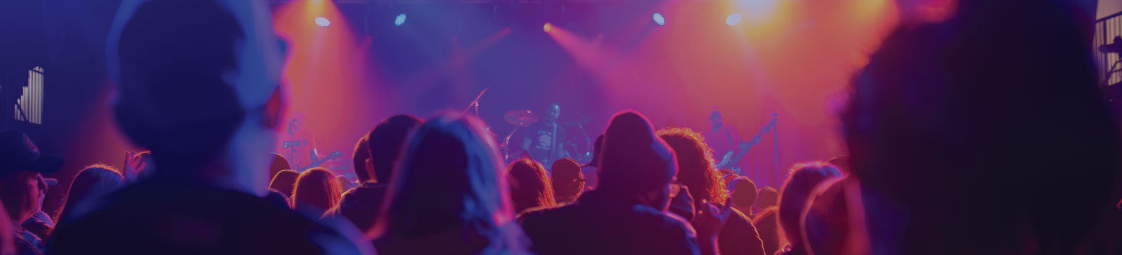 Crowd at a concert looking at the stage with pink and purple lights shining.