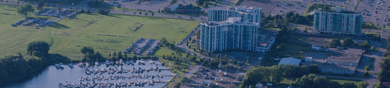 Aerial view of the waterfront and marina in Whitby.