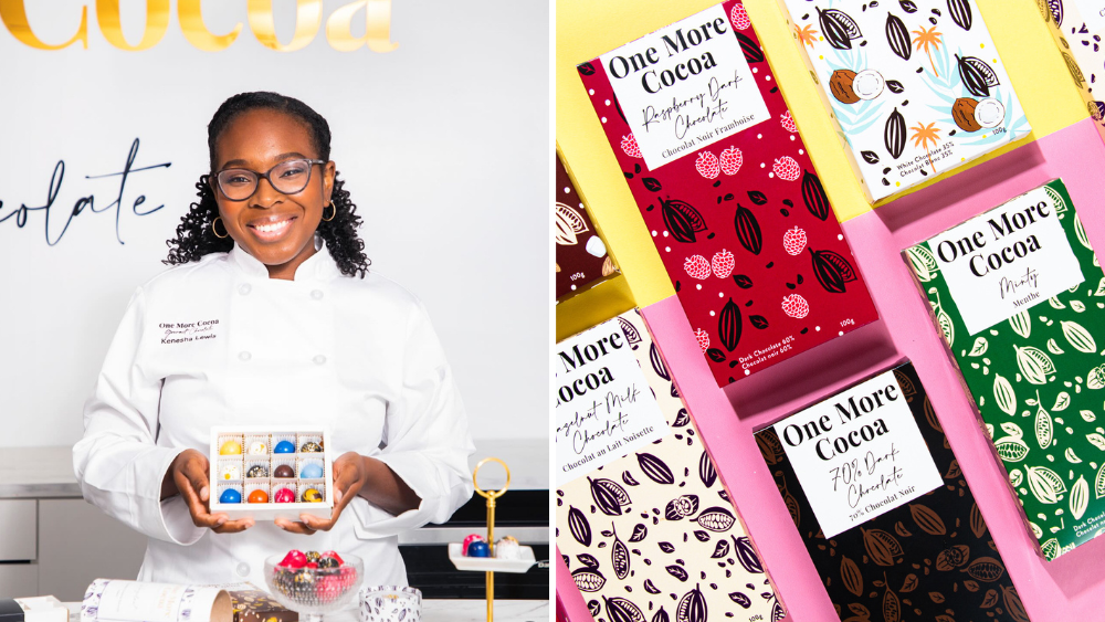 Collage of One More Cocoa owner, Kenesha Lewis, and chocolate bars