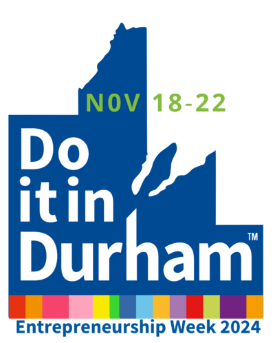 blue graphic outline of Durham Region placed on a white background. Text in green reads November 18 to 22. text in white reads Do it in Durham and is overlayed on the Durham Region outline. bottom of image in blue is text Entrepreneurship Week 2024