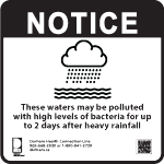 Beach sign indicating water may be polluted up to 2 days after heavy rainfall Beach sign indicating water may be polluted up to 2 days after heavy rainfall