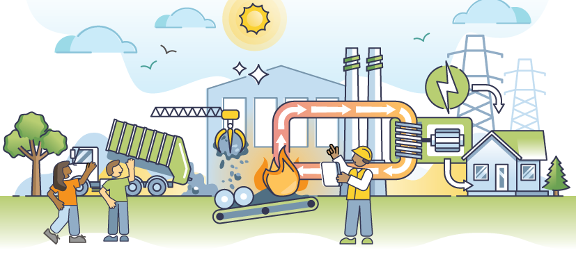 Illustration of garbage truck unloading at an energy from waste facility with two people waving in the foreground.