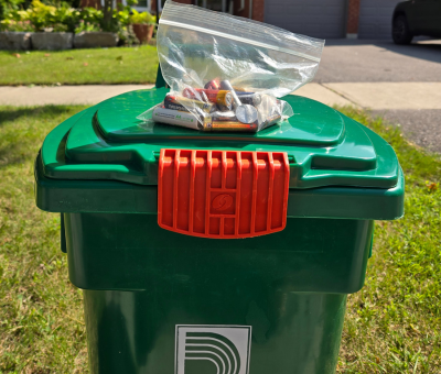 A photo of bag of batteries on top of a Green bin