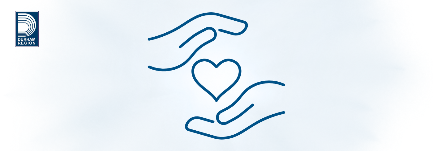 Two hands cradling a heart and the Region of Durham logo