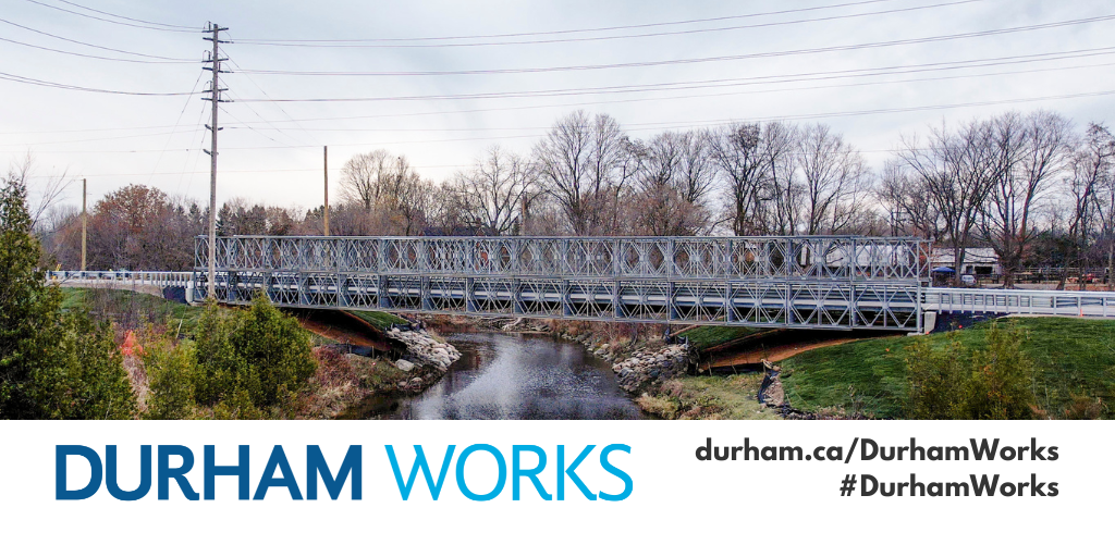 New temporary Beaver River Bridge in Beaverton. Text at bottom states: Durham Works, durham.ca/DurhamWorks #DurhamWorks.