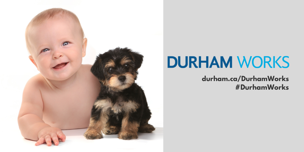 An image of a baby and a puppy next to text that states, “Durham Works, durham.ca/DurhamWorks #DurhamWorks. (J:\Images\Works\Durham Works)