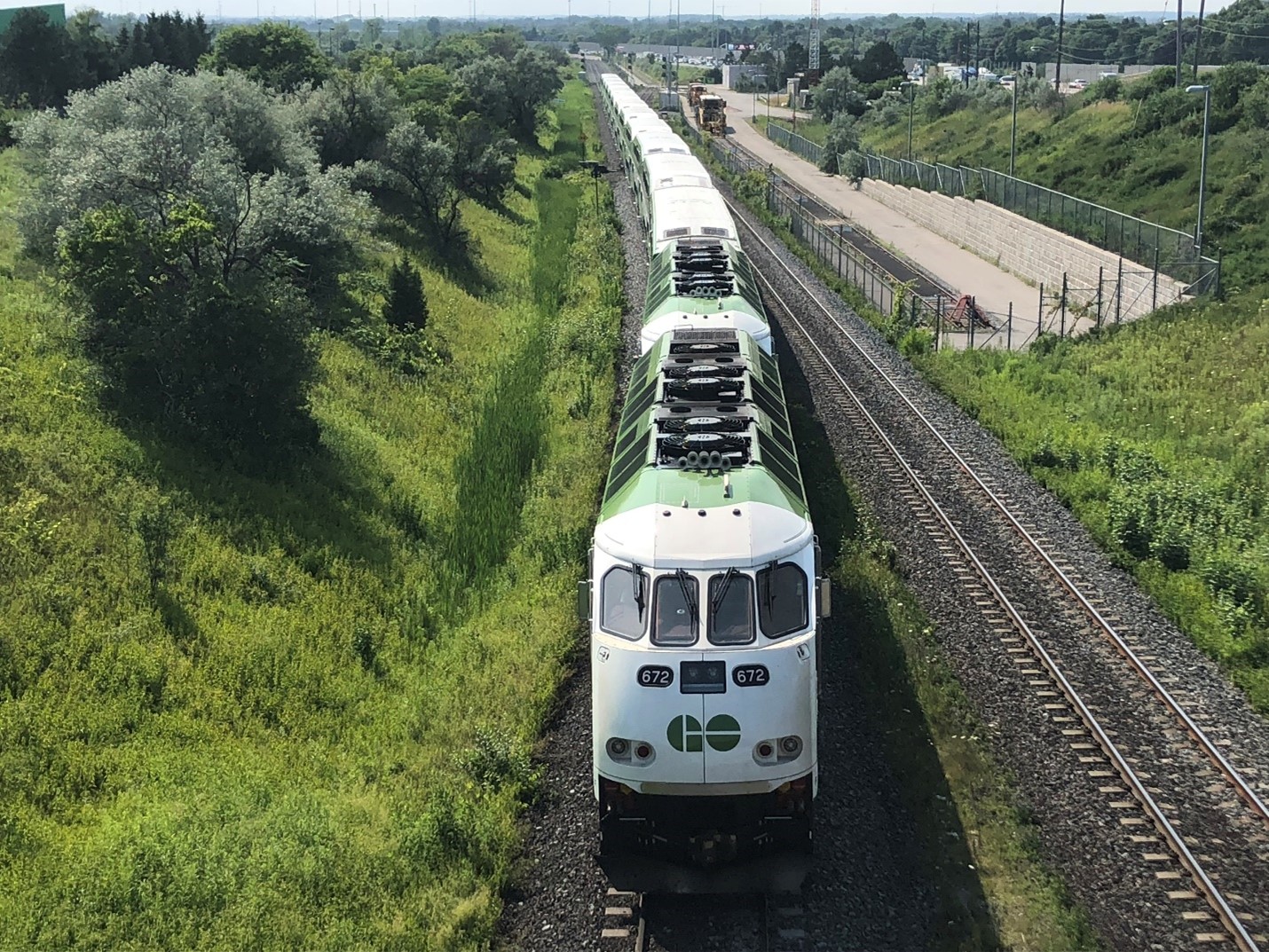 A aerial view of a GO train