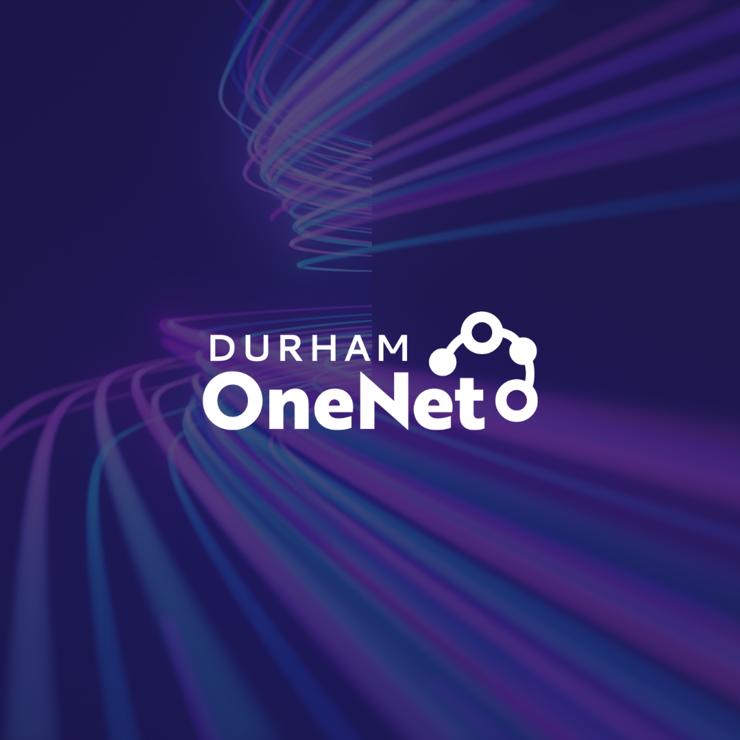 Neon light streaks wrapping around a corner with the Durham OneNet logo. 