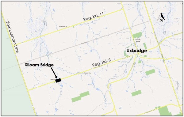 A map showing the site of Siloam Bridge on Regional Road 8 in Uxbridge