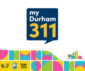 The My Durham 311 logo with an abstract banner along the bottom, the ICF and Durham Region logos and the Top7 Intelligent Communities of the Year badge.