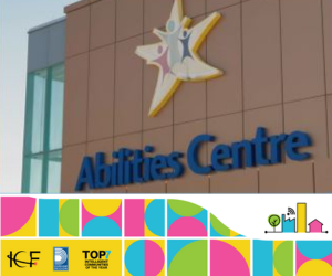 The outside of the ABilities Centre with the organization sign that includes the logo and text that reads Abilities Centre