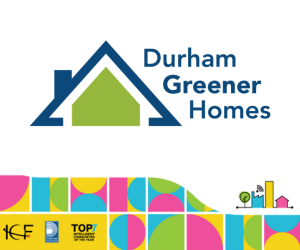 The Durham Greener Home icon with an abstract banner along the bottom, that includes the ICF and Durham Region logos, and the Top7 Intelligent Communities of the Year badge.