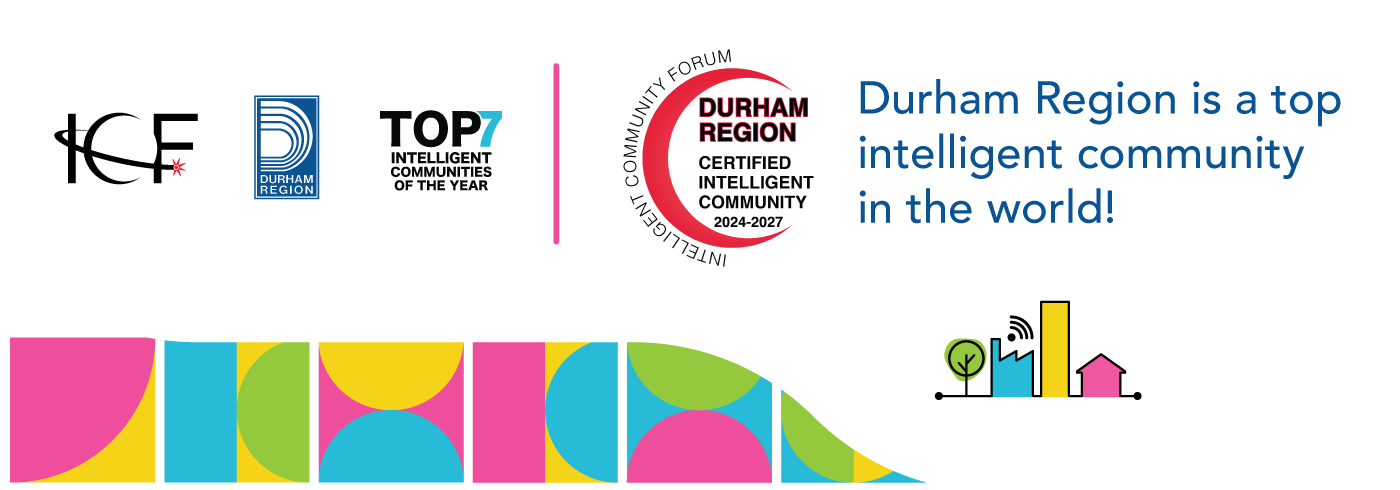 A colourful geometric banner, with the Intelligent Community Forum certification badge. Text within the badge reads, Durham Region Certified Intelligent Community 2024-2027. Intelligent community forum. With the ICF  and Durham Region logos, an icon depicting a connected community and the TOP7 Intelligent Communities of the Year badge. 