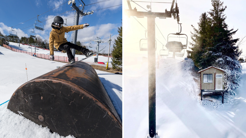 Collage of person snowboarding and ski lifts at Brimacombe in Clarington, Ontario