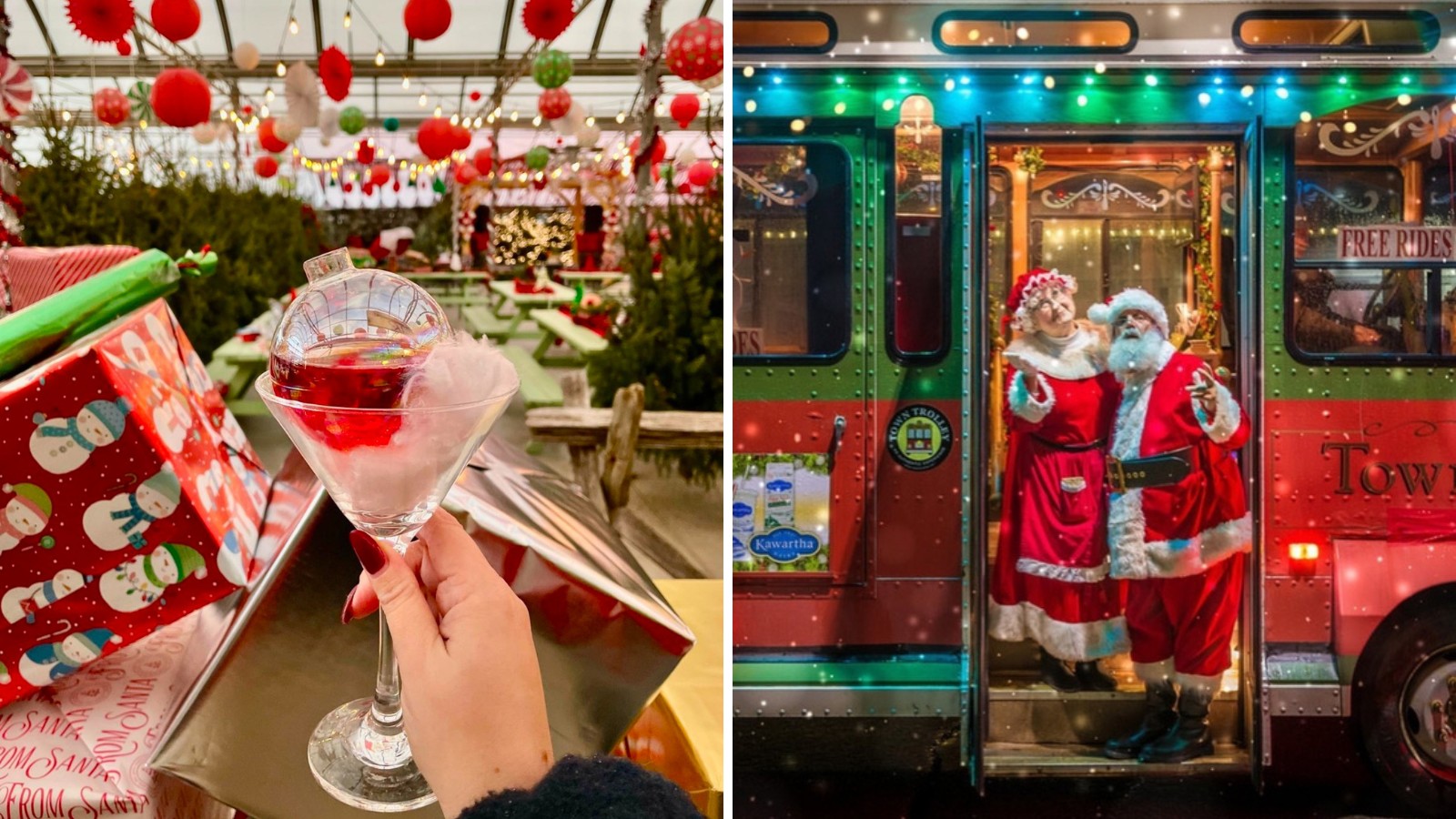 Collage with hand holding a festive drink at Pingle's Farm event and Mr. and Mrs. Claus on the Town Trolley in Uxbridge, Ontario