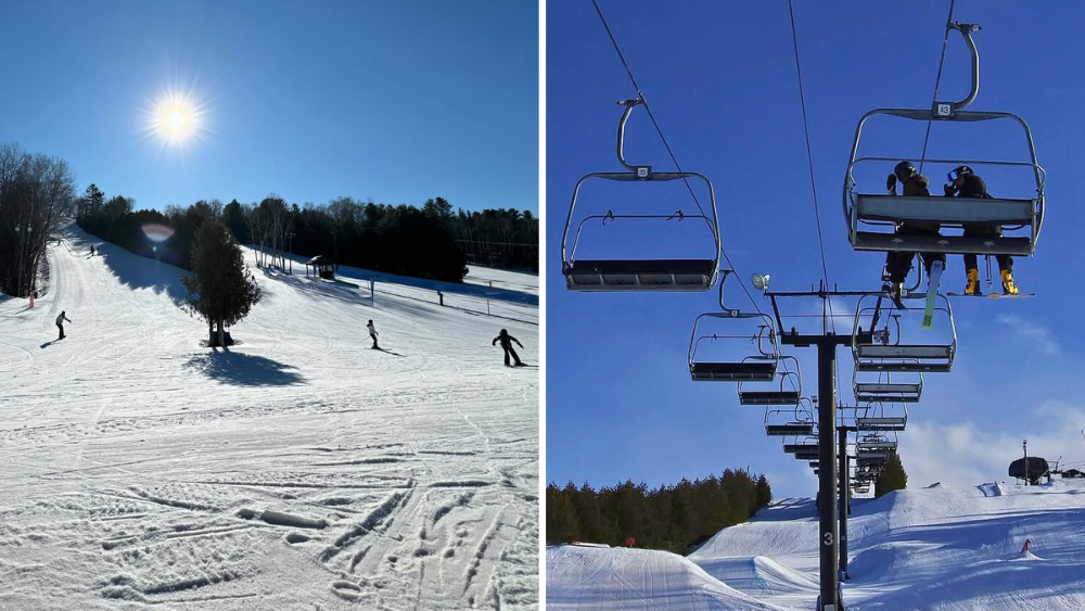 Collage of people snowboarding and ski lifts at Dagmar Ski Resort in Uxbridge, Ontario