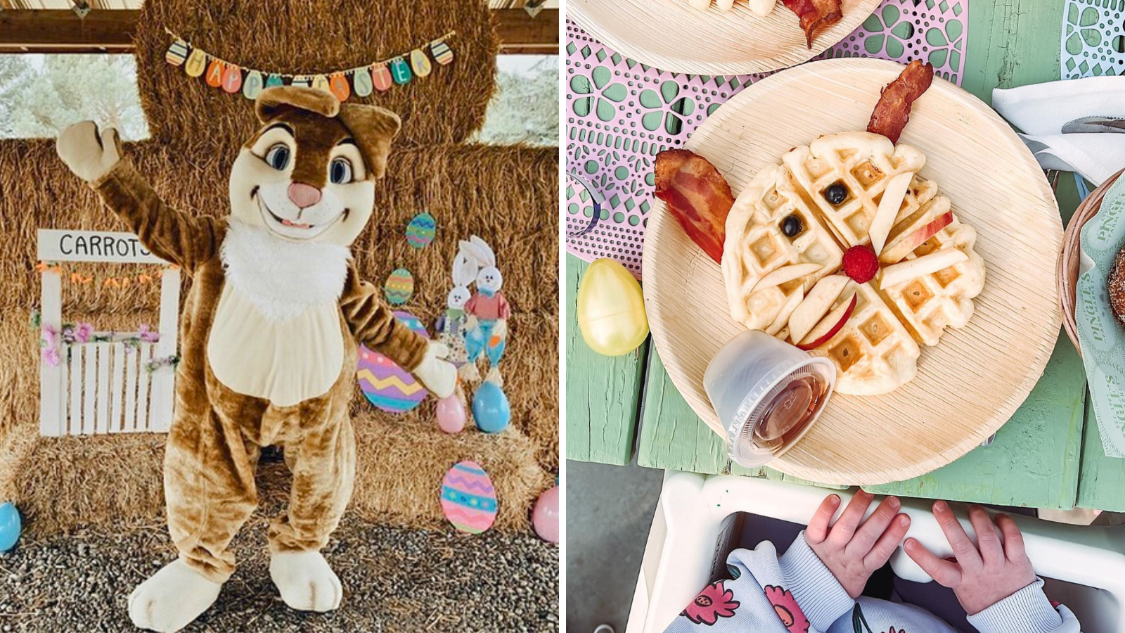 Collage including a photo of the Easter Bunny and a photo of a waffle garnished to look like a rabbit