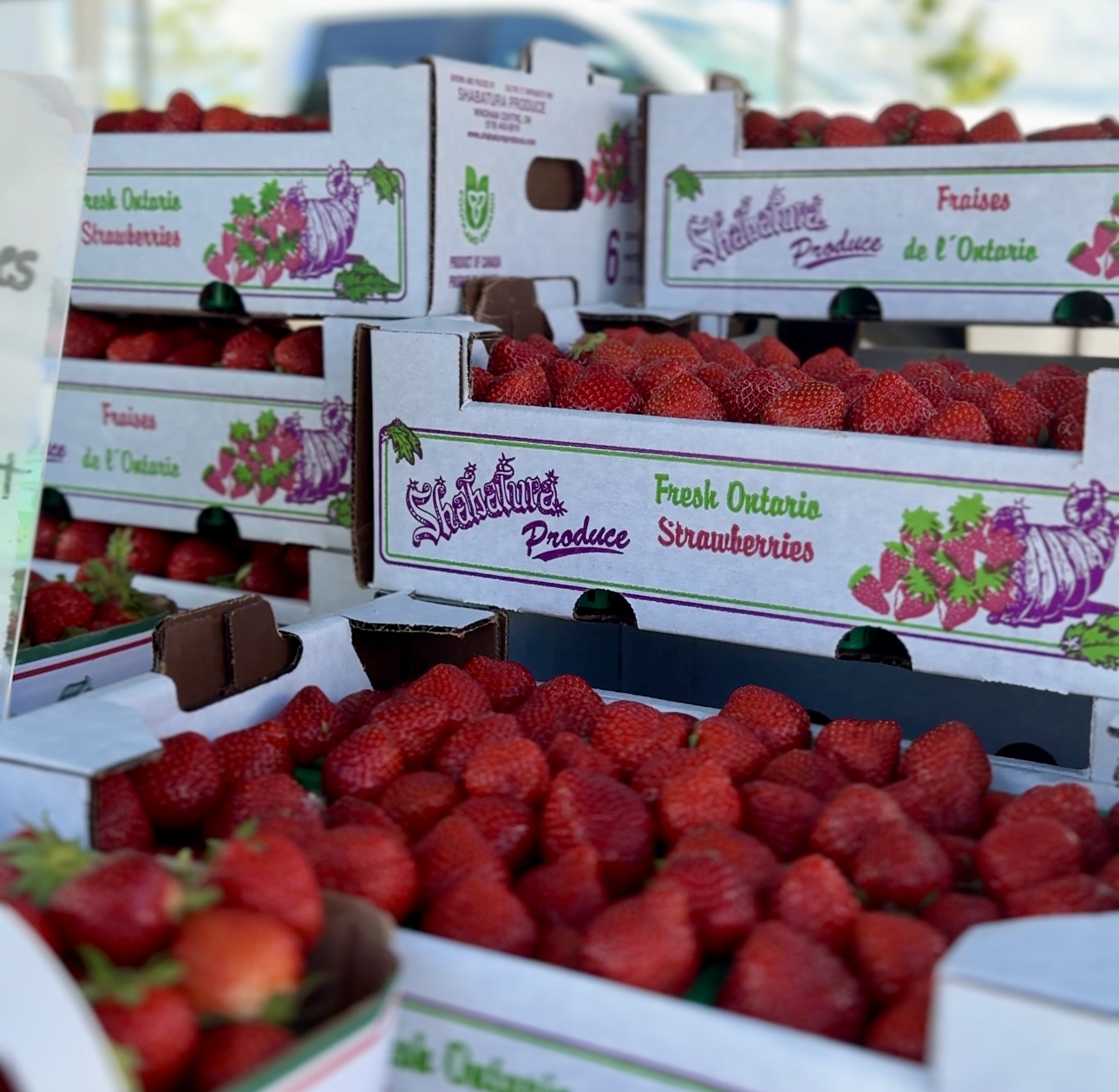 Image of flats of strawberries stacked high at a farmer's market