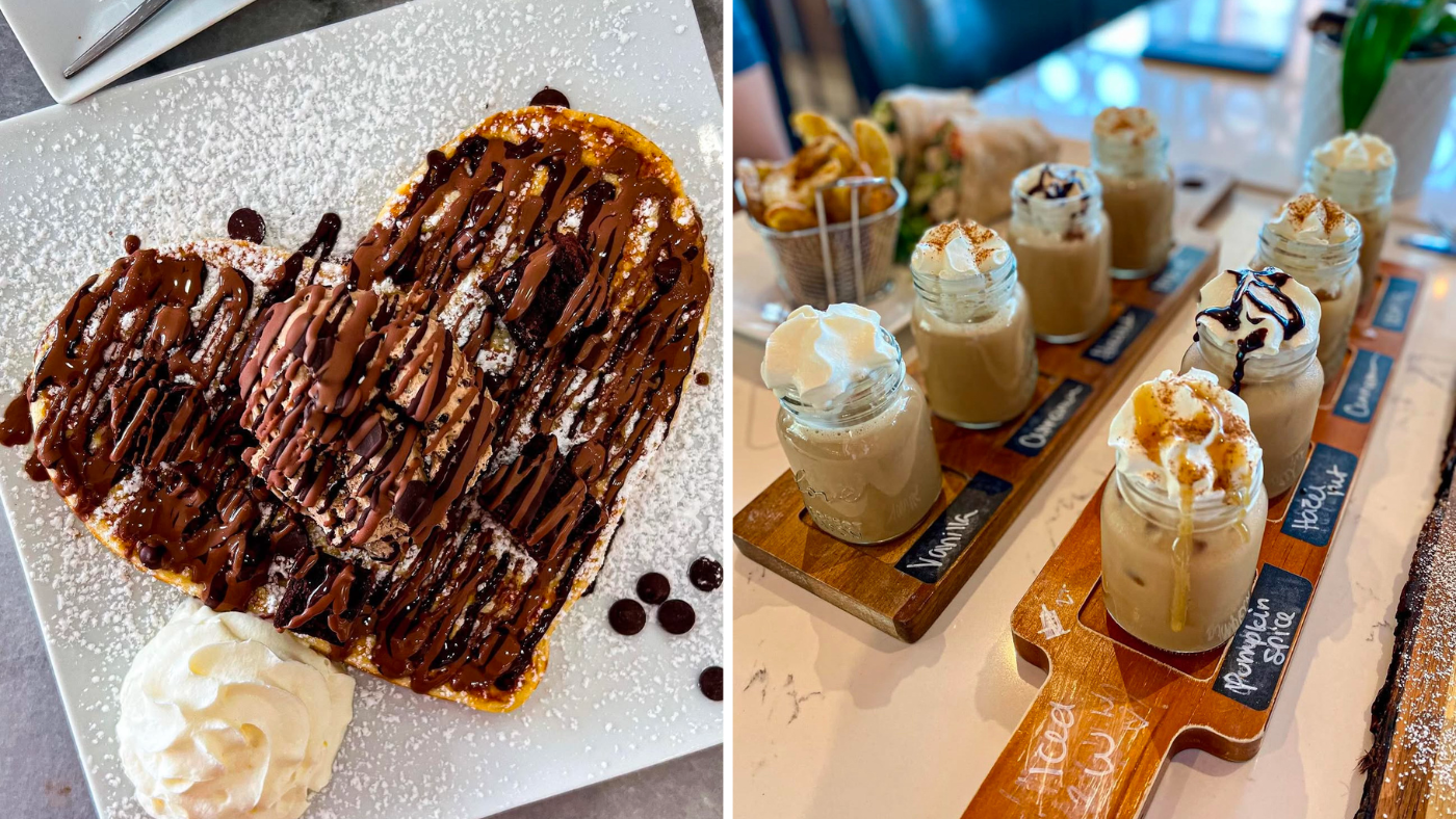 Collage of images including a heart shaped waffle topped with chocolate sauce and an image of two tasting flights of lattes