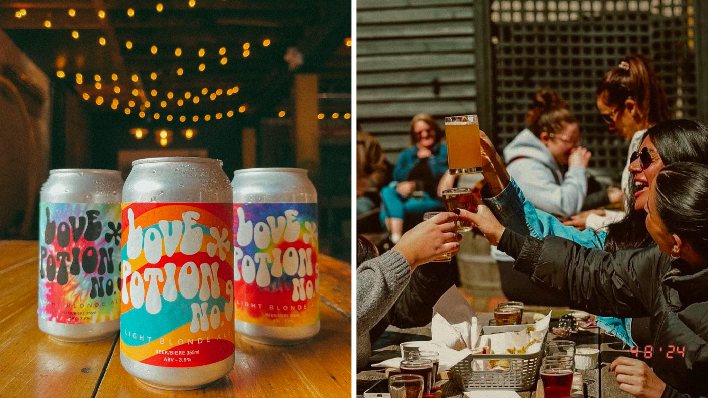 Collage of images including one of three beverage cans with tie dye labels on a table and another of people sat on a picnic table lifting their drinks up to "cheers" them