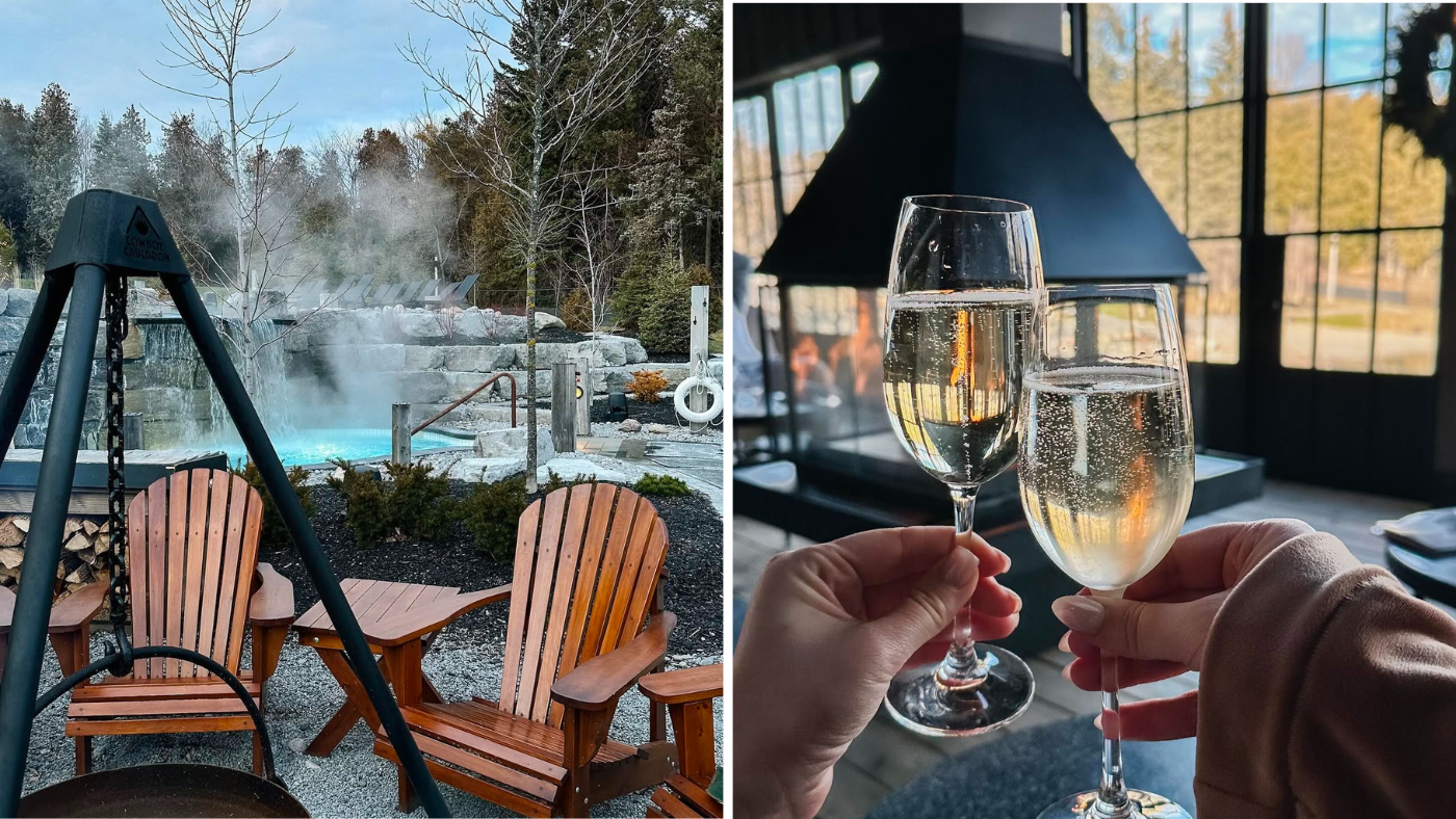 Collage of images from a Nordic spa. One image shows comfy Muskoka chair in front of a steaming hot tub and the other shows two glasses of sparkling wine in front of a fireplace