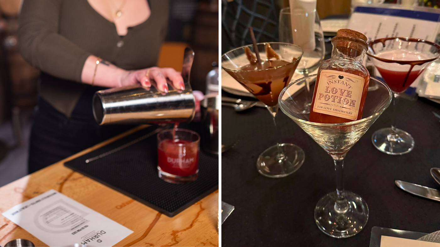 Collage of images including a person pouring a cocktail into a class and another of Valentine's Day cocktails on a table