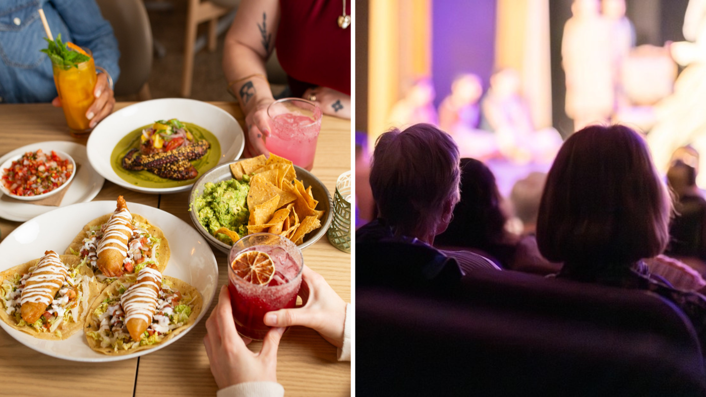 Collage of images including a restaurant table full of high end Mexican food with three hands holding cocktails and an image taken from behind of two people enjoying a performance at the theatre