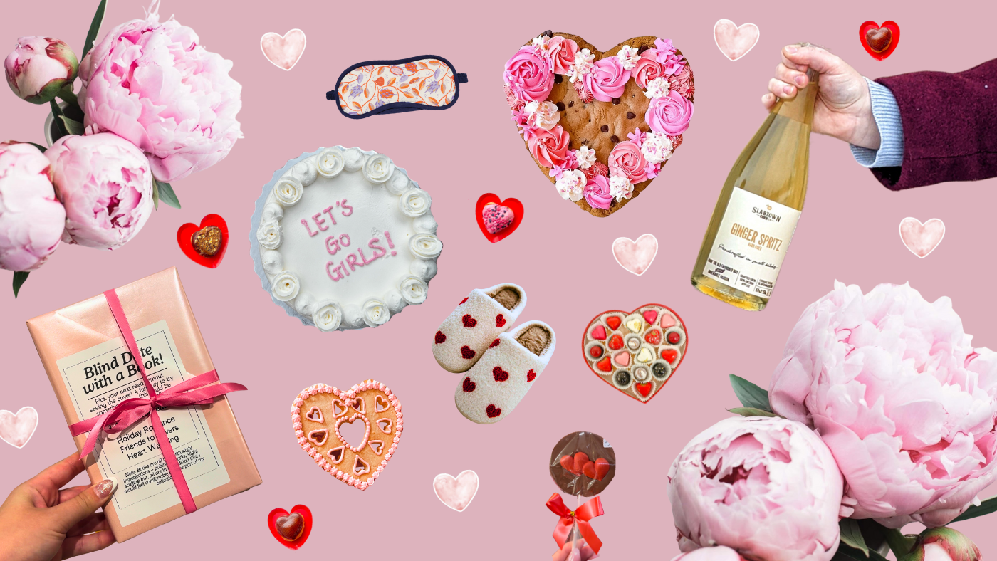 Collage made up of flowers, hearts, cakes, cookies, and cider - all are Valentine's Day themed