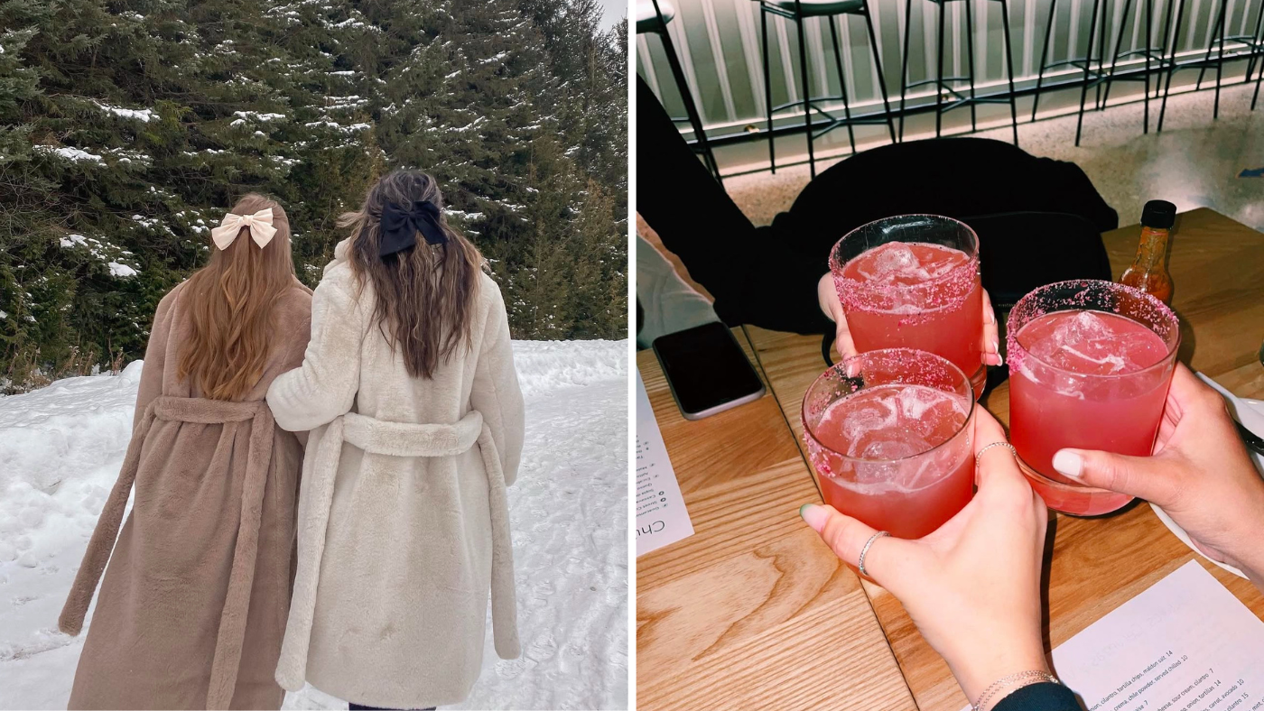 Collage of images including two people walking down a trail and an image of three people holding pink cocktails doing a "cheers"