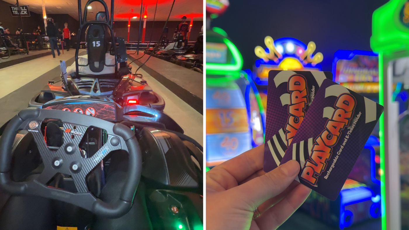 Collage of images including one taken behind the wheel of a go cart waiting to start a race and another of a hand holding two cards for arcade games