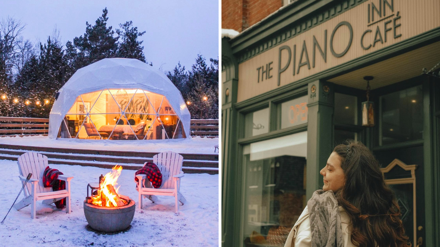 Collage of images including a firepit in the winter with a cozy geo dome tent in the background and an image of a person walking past The Piano Inn