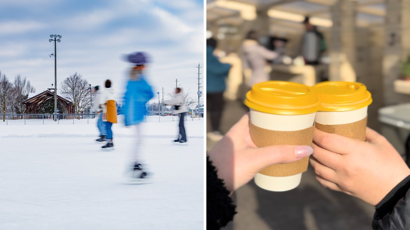 Collage of images including people skating on an outdoor rink and another of two hands holding take out coffee cups