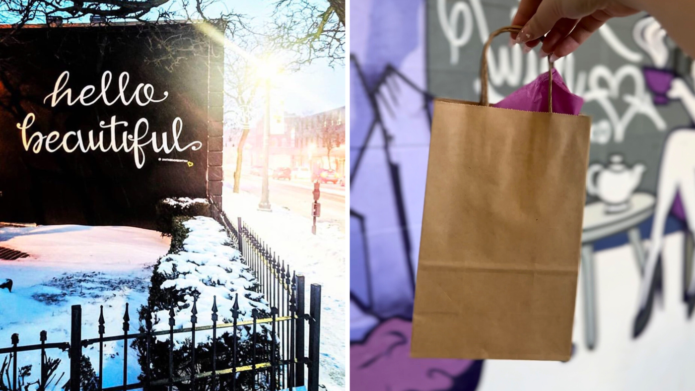 Collage of images including an image of a mural on the side of building that says "Hello beautiful" and another of a brown paper shopping bag being held out by a hand