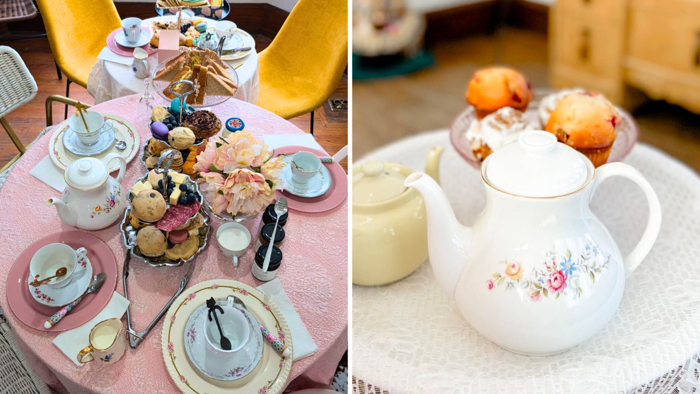 Collage of images with two photos of high tea tablescapes including tea pots and platters of pastries