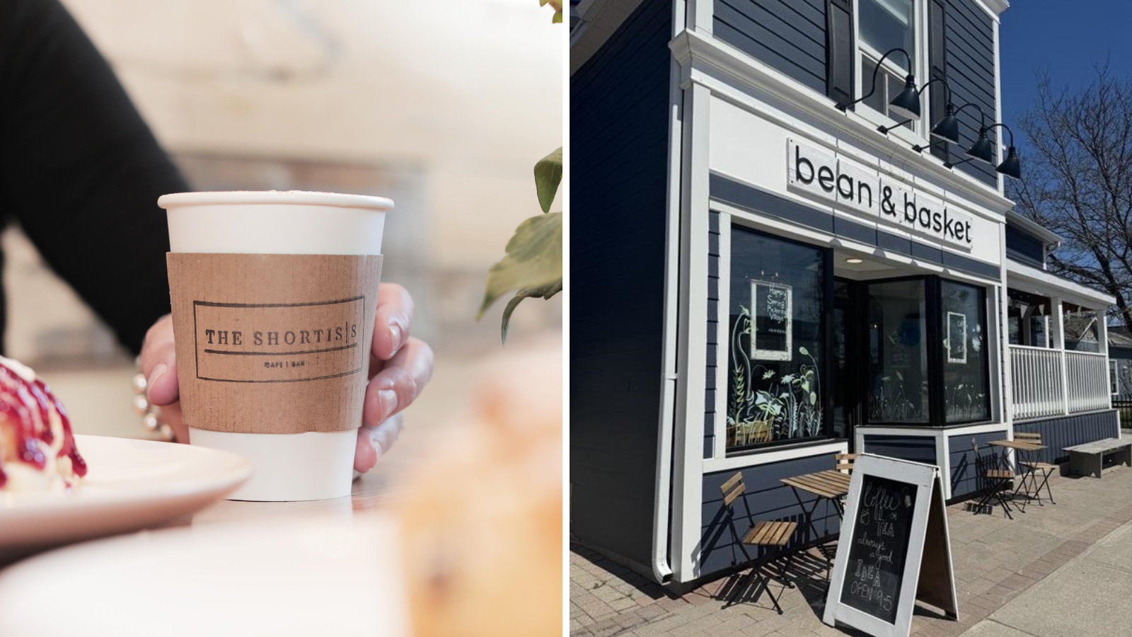 Collage of images including a close up of a coffee cup being held by a person's hand and an image of the exterior of a coffee shop with a sandwich board out on the sidewalk