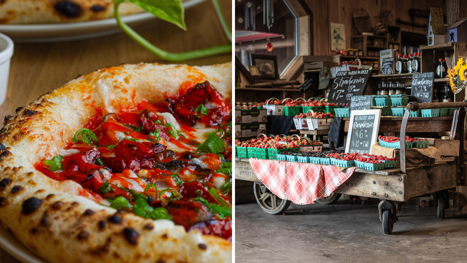 Collage of images including a close-up of a pizza and an image of the interior of a farm shop with baskets of berries