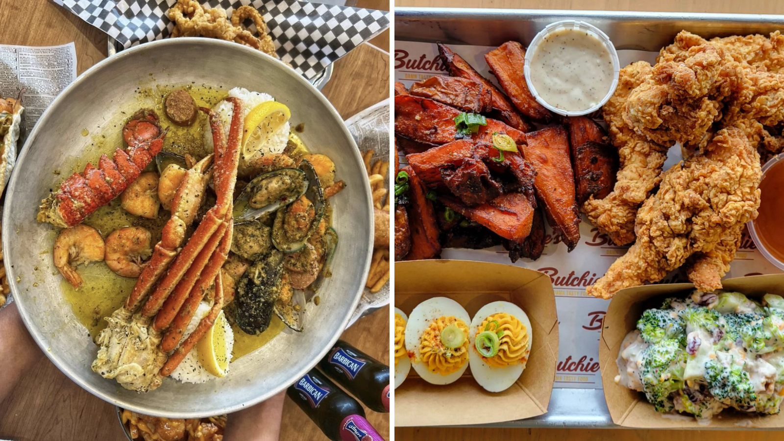 Collage of images including an overhead image of a plate of seafood in butter sauce and a second overhead image of a tray of food including chicken tenders and yams