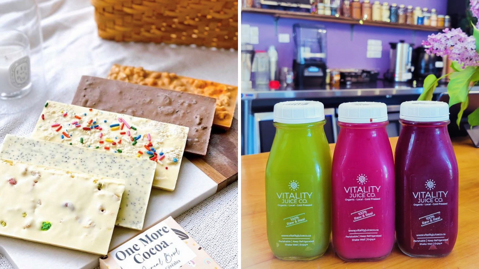 Collage of images including a display of artisan chocolate bars and an image of bottled cold pressed juices on a counter