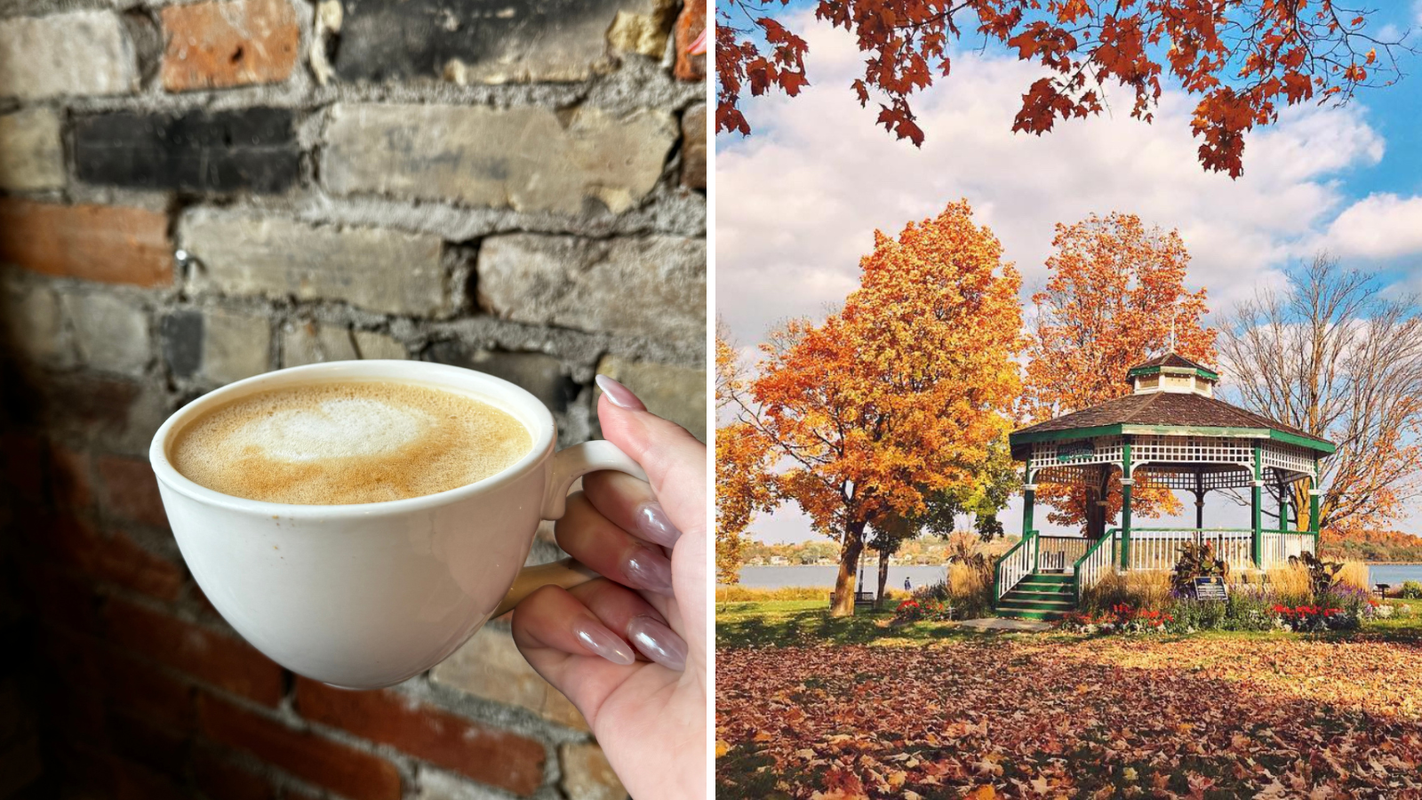 Photo of a hand holding a coffee and a photo of a park gazebo in Port Perry, Ontario