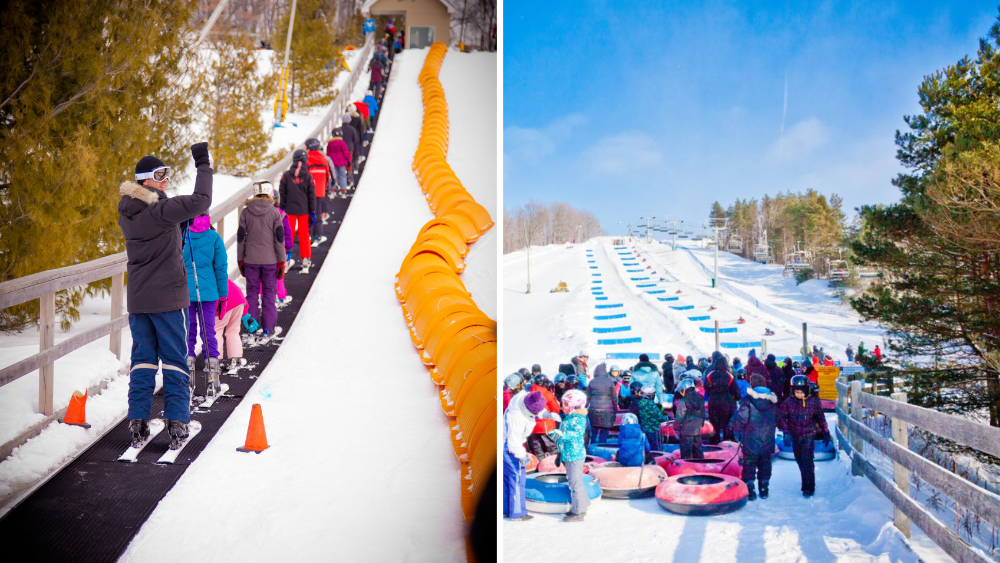 Collage of people on the ski hill and snowtubing at Lakridge Ski Resort in Uxbridge, Ontario