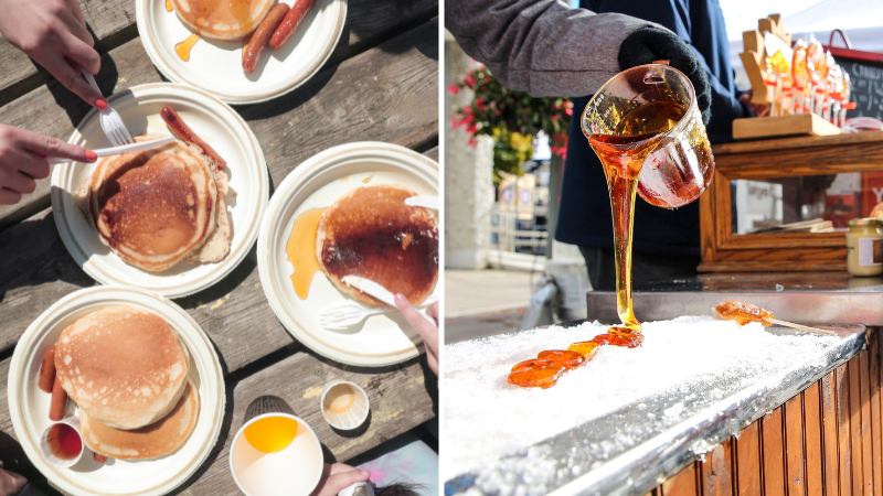 Pancakes and person pouring hot maple syrup on ice in Durham Region, Ontario