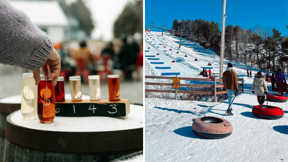 Collage of images including a tasting flight of cider on a snowy table and an image looking up at a snow tubing hill