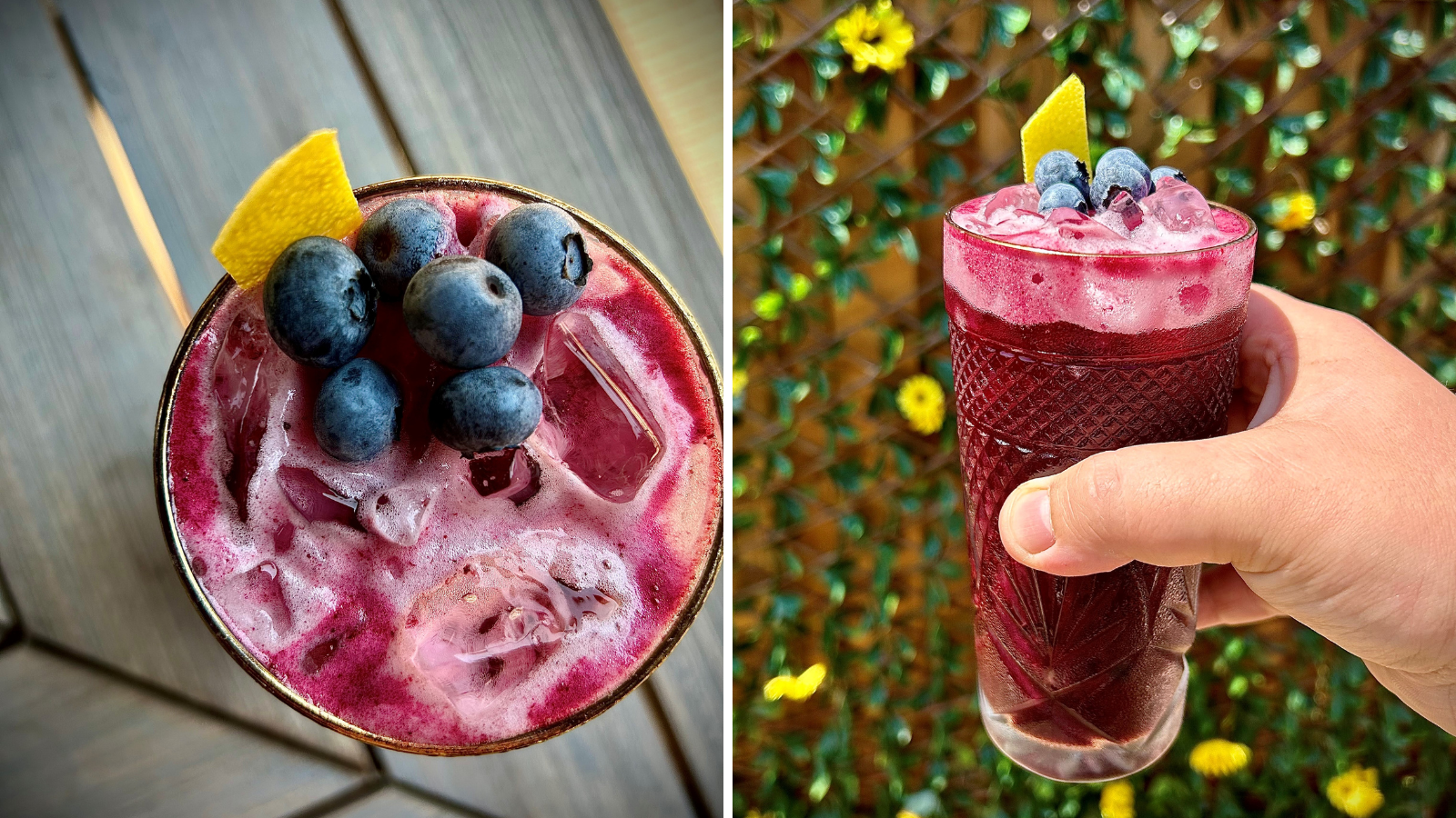 Collage of images of a bright purple cocktail garnished with a lemon twist and blueberries