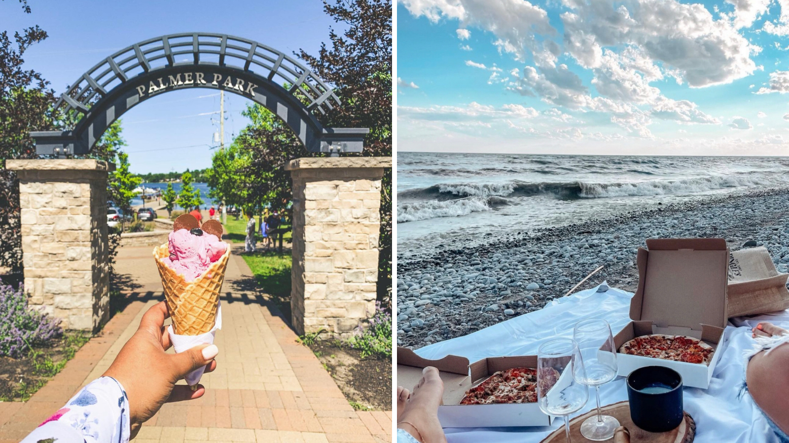 Collage of images including one of an ice cream cone with a park entrance behind it and two pizza boxes on a picnic blanket on the beach