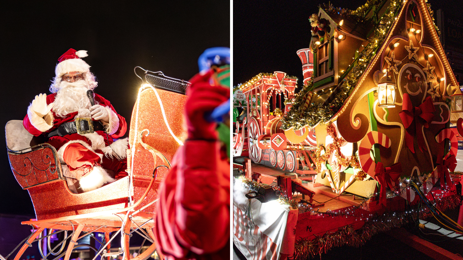 Collage of Santa Claus waving and a decorated float at the Santa Claus Parade in Oshawa, Ontario