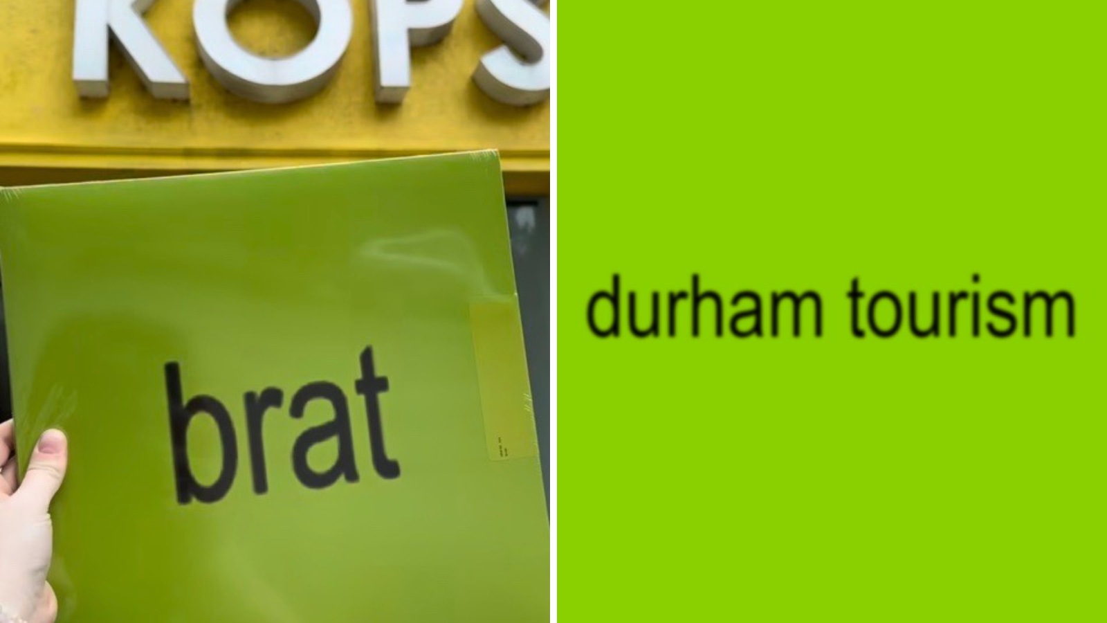 Collage of images including a person holding the Charli XCX album "Brat" in front of a record store and the words "Durham Tourism" on a lime green background to look like the "Brat" album cover